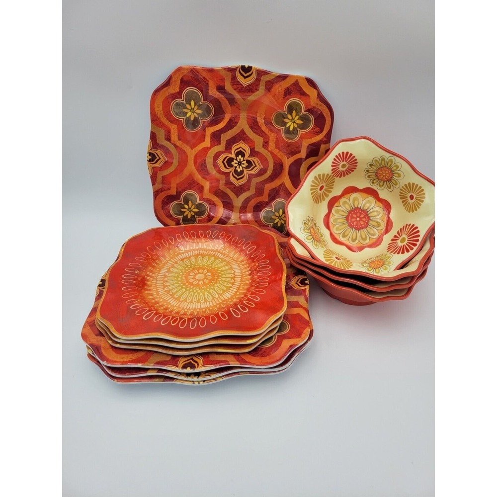 Cynthia Coulter‎ Melamine Dinnerware Set 11pc Orange Yellow Plates Bowls Outdoor